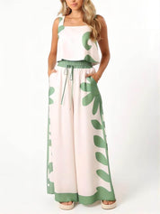 Sleeveless Folk Floral Loose Wide-Leg Pants Set